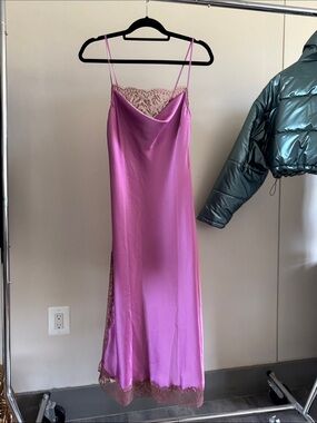 Victoria's Secret Satin Slip Dress in Bright Pink with Lace Trim